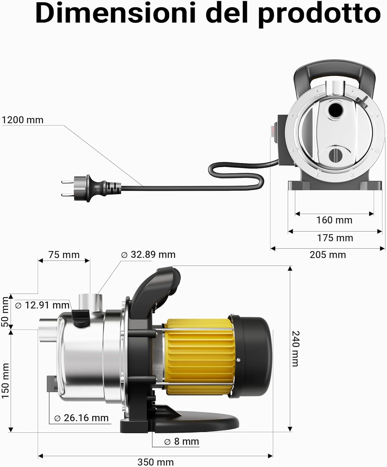 Pompa da giardino autoadescante acciaio inox 3800l/h 1200W max 48m con maniglia Elettropompa