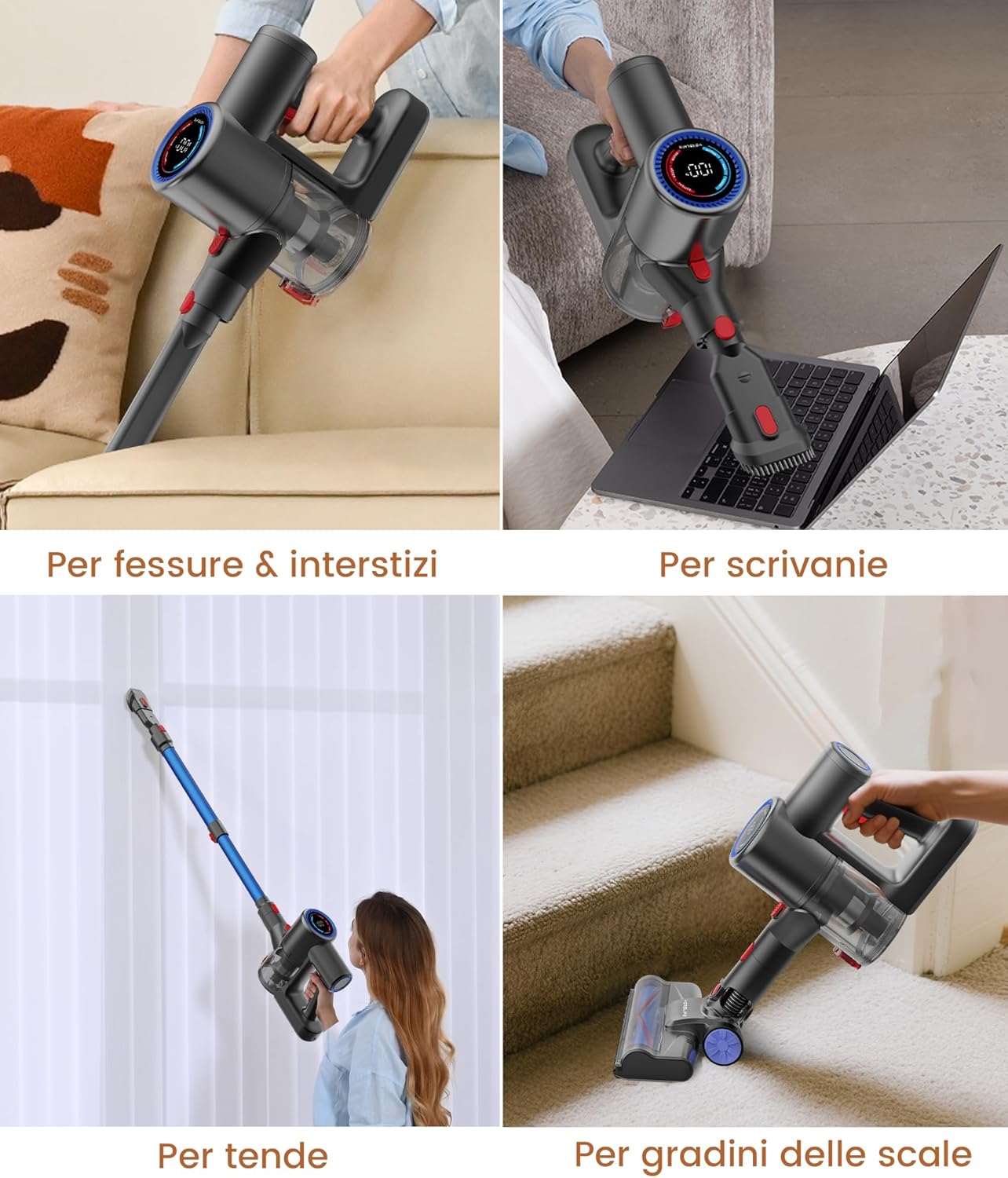 Aspirapolvere Senza Fili 40KPa, Scopa Elettrica Leggera con Filtro HEPA, Luce LED Verde, Autonomia 45 Min, Design Autoportante, per Pavimenti Duri, Tappeti e Peli di Animali