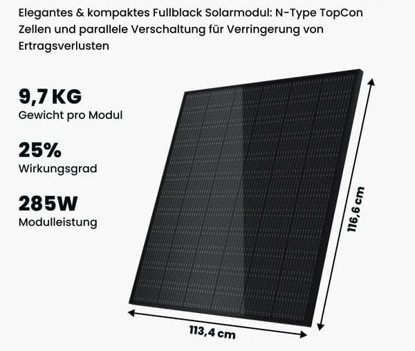 Full Black Solarmodul für Balkonkraftwerk 285W – TopCon N-Typ Zellen mit 25 % Effizienz