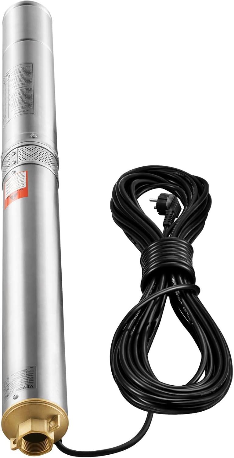VEVOR Pompa Sommergibile per Pozzi Profondi, IP68 1500W 230 V 50 Hz, Massima Portata 9,8 m³/h Prevalenza 108 m, Cavo Elettrico 9,1 m, Pompa Acciaio Inox per Irrigazione Industriale Uso Domestico