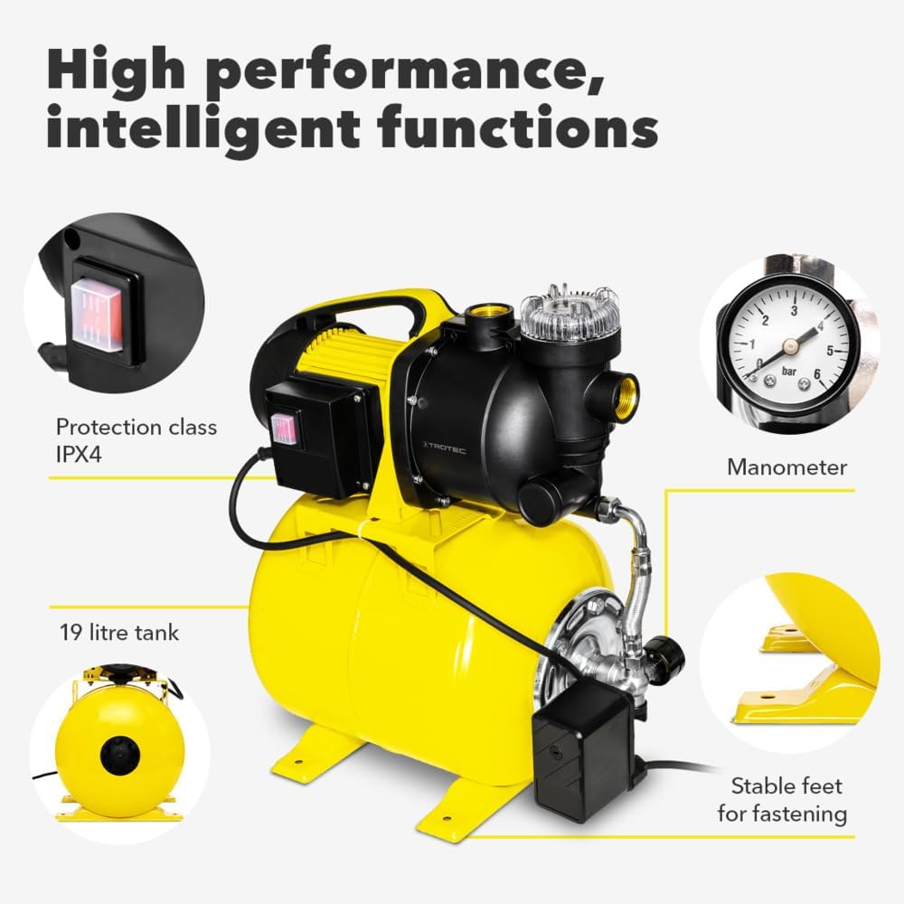 TROTEC TGP 1025 EF - Pompa con prefiltro, 3500 l/h, 1000 W, 30 m, risparmio energetico, auto-arresto, approvvigionamento idrico industriale, irrigazione