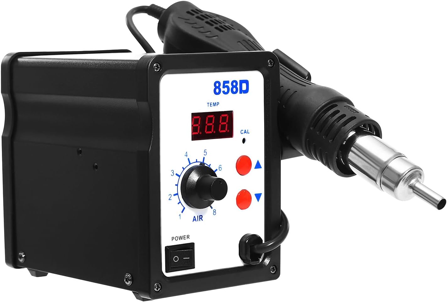 Stazione di saldatura ad aria calda, 858D, saldatrice ad aria calda, 100 ~ 500 °C, 700 W, indicatore di temperatura digitale con 3 ugelli per BGA, SOIC, CHIP, QFP, PLCC