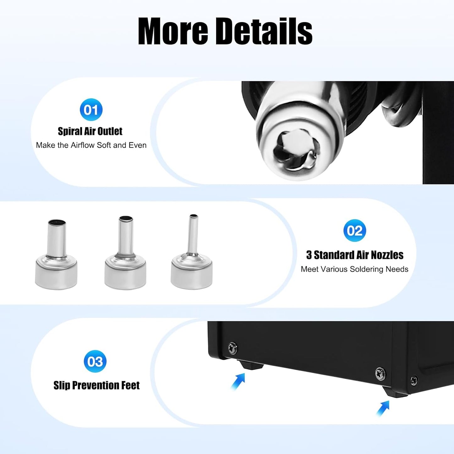 Stazione di saldatura ad aria calda, 858D, saldatrice ad aria calda, 100 ~ 500 °C, 700 W, indicatore di temperatura digitale con 3 ugelli per BGA, SOIC, CHIP, QFP, PLCC