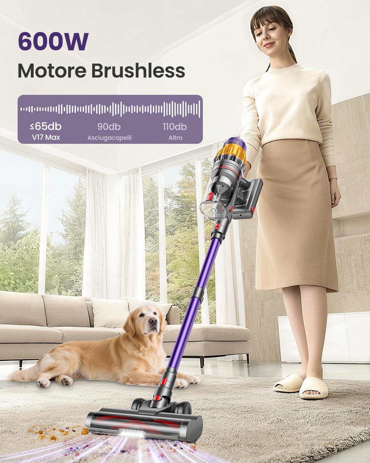 Aspirapolvere Senza Fili con 2 Batterie, 150 Min/600W/ 55KPA/2.0L Scopa Elettrica Senza Fili Potente, Touch Intelligente, Filtro a 11 Stadi, Spazzola Anti-Groviglio per Pavimenti/Tappeti/Peli Animali