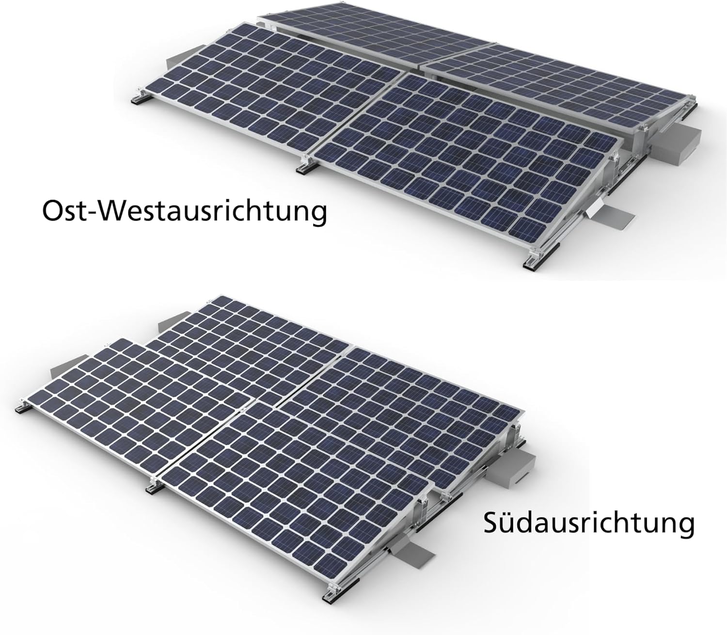 Komplette Montageset für 4 Solar Module geeignet für Flachdach, Garagedach und ebener Boden bis zu 5° Dachneigung, Aufstellungwinkel 10°, Süden oder Ost-West Ausrichtung