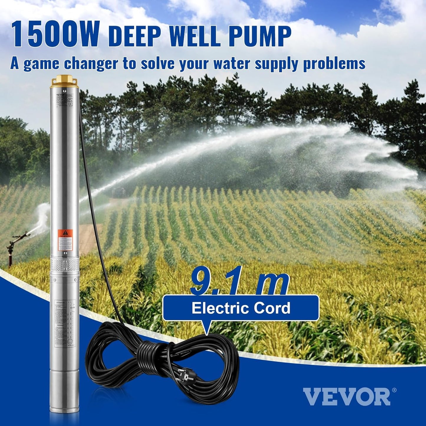 VEVOR Pompa Sommergibile per Pozzi Profondi, IP68 1500W 230 V 50 Hz, Massima Portata 9,8 m³/h Prevalenza 108 m, Cavo Elettrico 9,1 m, Pompa Acciaio Inox per Irrigazione Industriale Uso Domestico