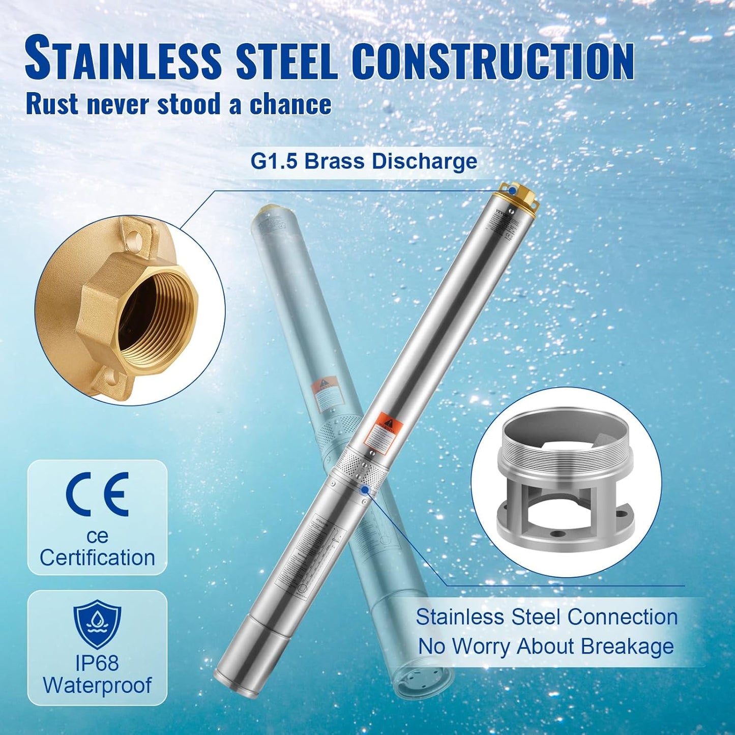 VEVOR Pompa Sommergibile per Pozzi Profondi, IP68 1500W 230 V 50 Hz, Massima Portata 9,8 m³/h Prevalenza 108 m, Cavo Elettrico 9,1 m, Pompa Acciaio Inox per Irrigazione Industriale Uso Domestico